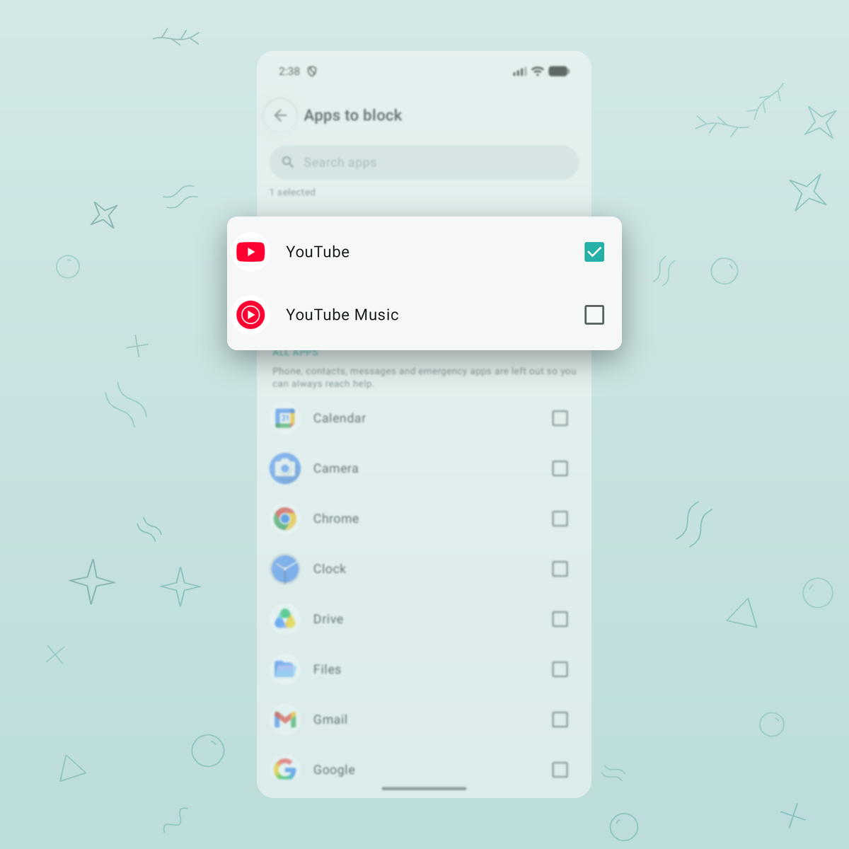 Kelpwise app picker with YouTube selected for blocking