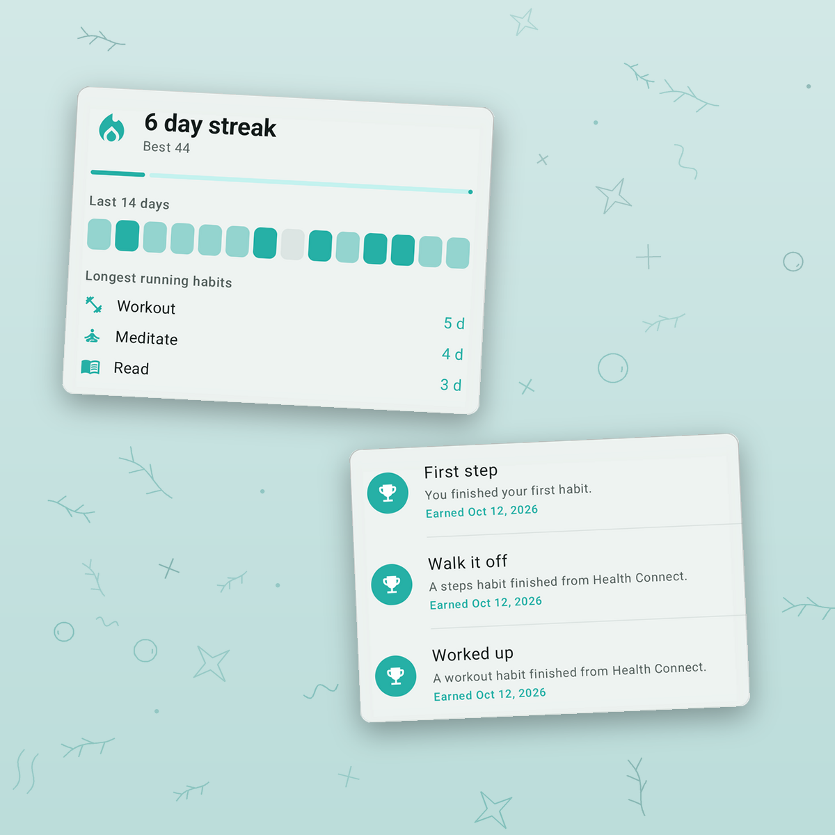 Kelpwise streak card with the last 14 days and longest running habits, beside earned trophies
