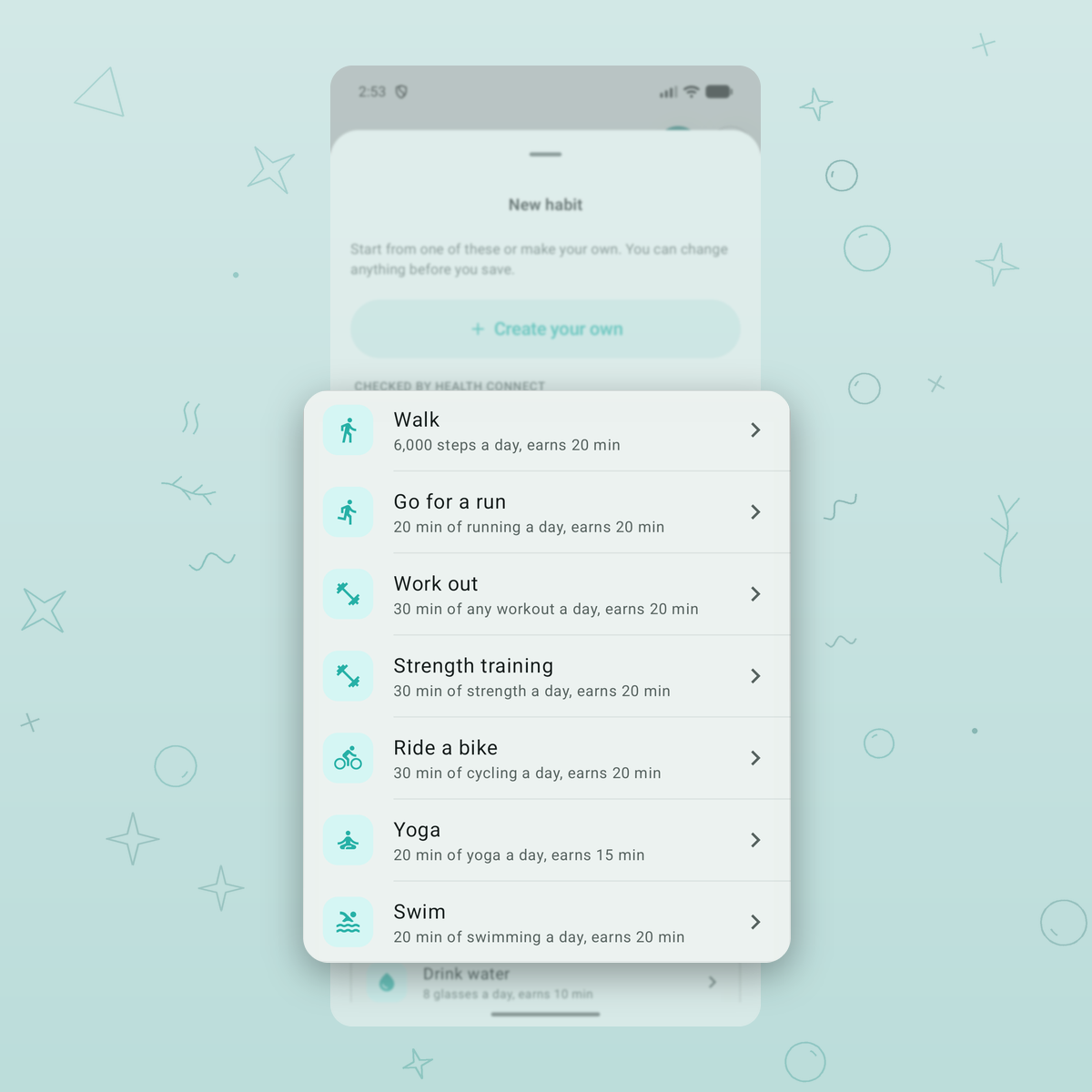 Kelpwise new habit menu with walking and workout habits